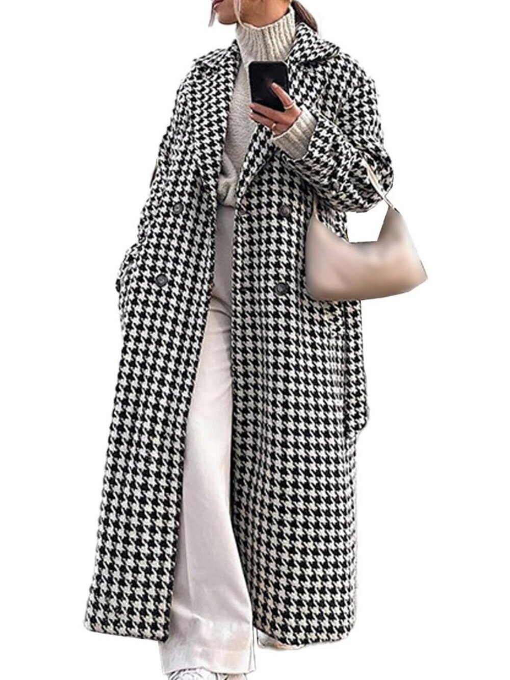 Chic Women's Houndstooth Trench Coat - Double Breasted, Long Winter Overcoat
